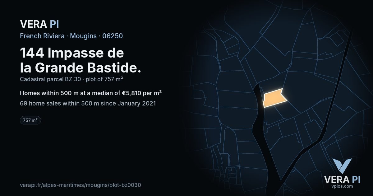144 Impasse de la Grande Bastide, Mougins at night – the plot lit, the parcels around coloured by the prices near them