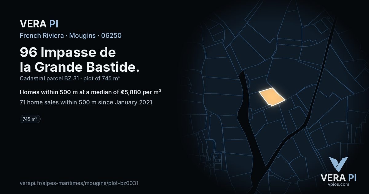 96 Impasse de la Grande Bastide, Mougins at night – the plot lit, the parcels around coloured by the prices near them