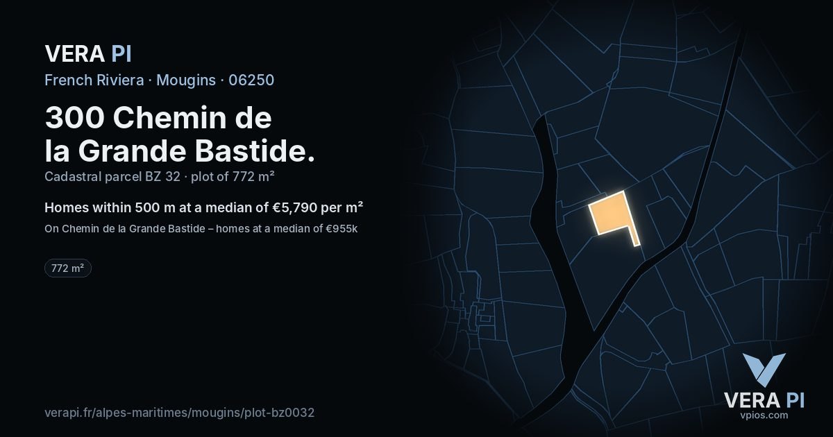 300 Chemin de la Grande Bastide, Mougins at night – the plot lit, the parcels around coloured by the prices near them