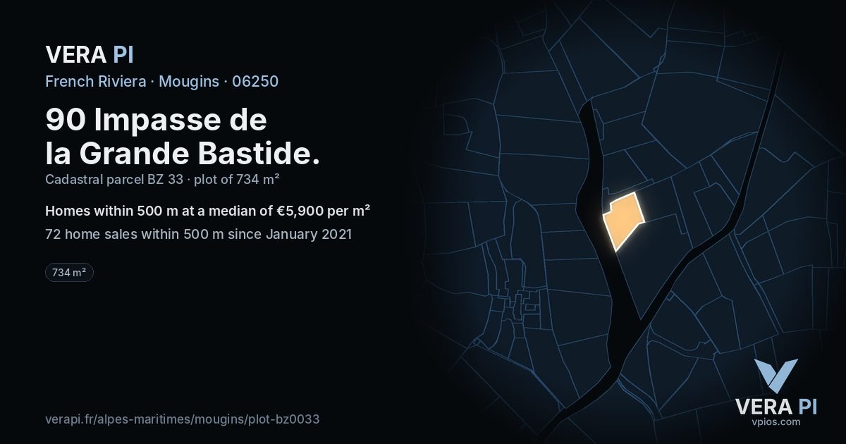 90 Impasse de la Grande Bastide, Mougins at night – the plot lit, the parcels around coloured by the prices near them