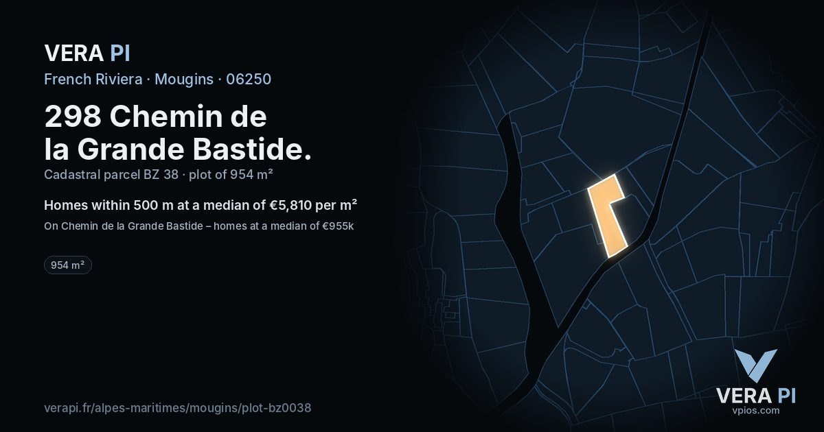 298 Chemin de la Grande Bastide, Mougins at night – the plot lit, the parcels around coloured by the prices near them
