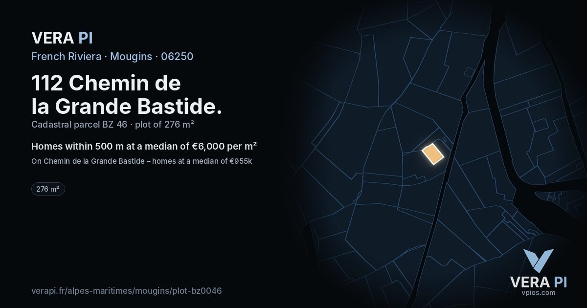 112 Chemin de la Grande Bastide, Mougins at night – the plot lit, the parcels around coloured by the prices near them