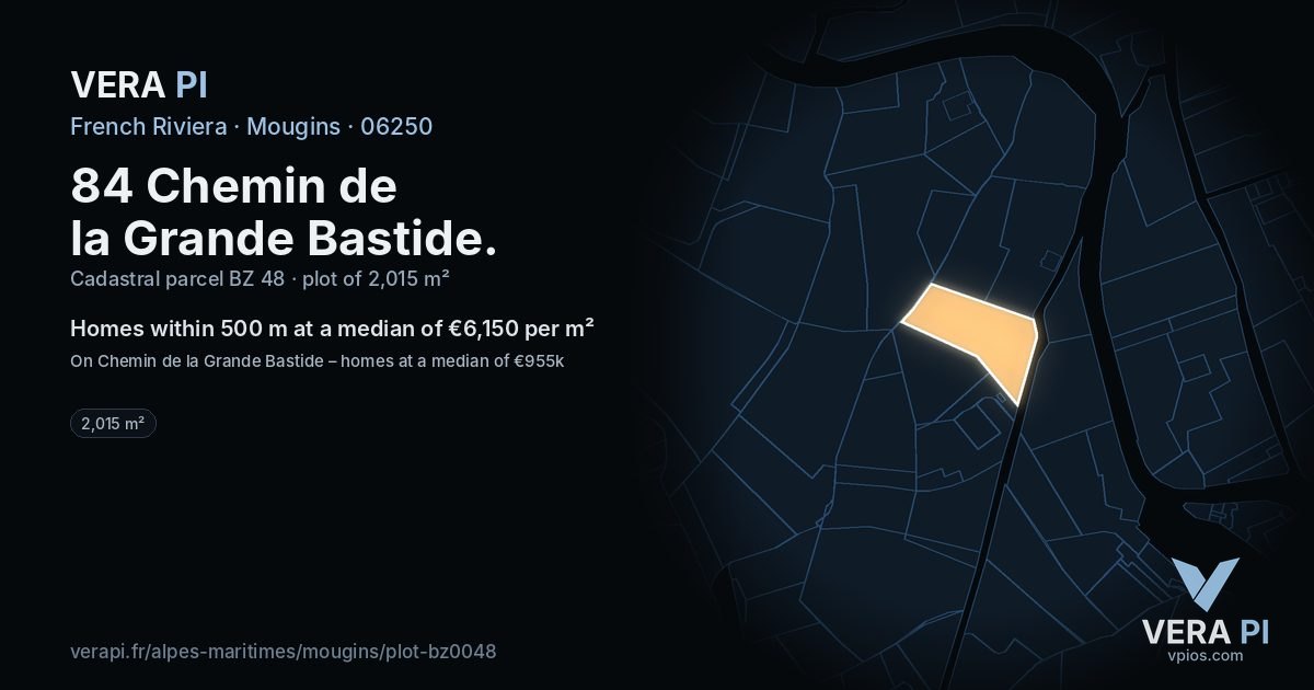 84 Chemin de la Grande Bastide, Mougins at night – the plot lit, the parcels around coloured by the prices near them