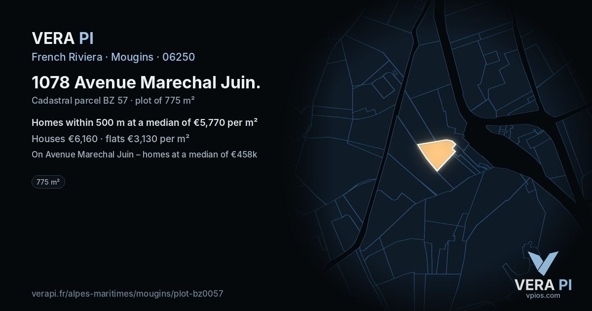 1078 Avenue Marechal Juin, Mougins at night – the plot lit, the parcels around coloured by the prices near them