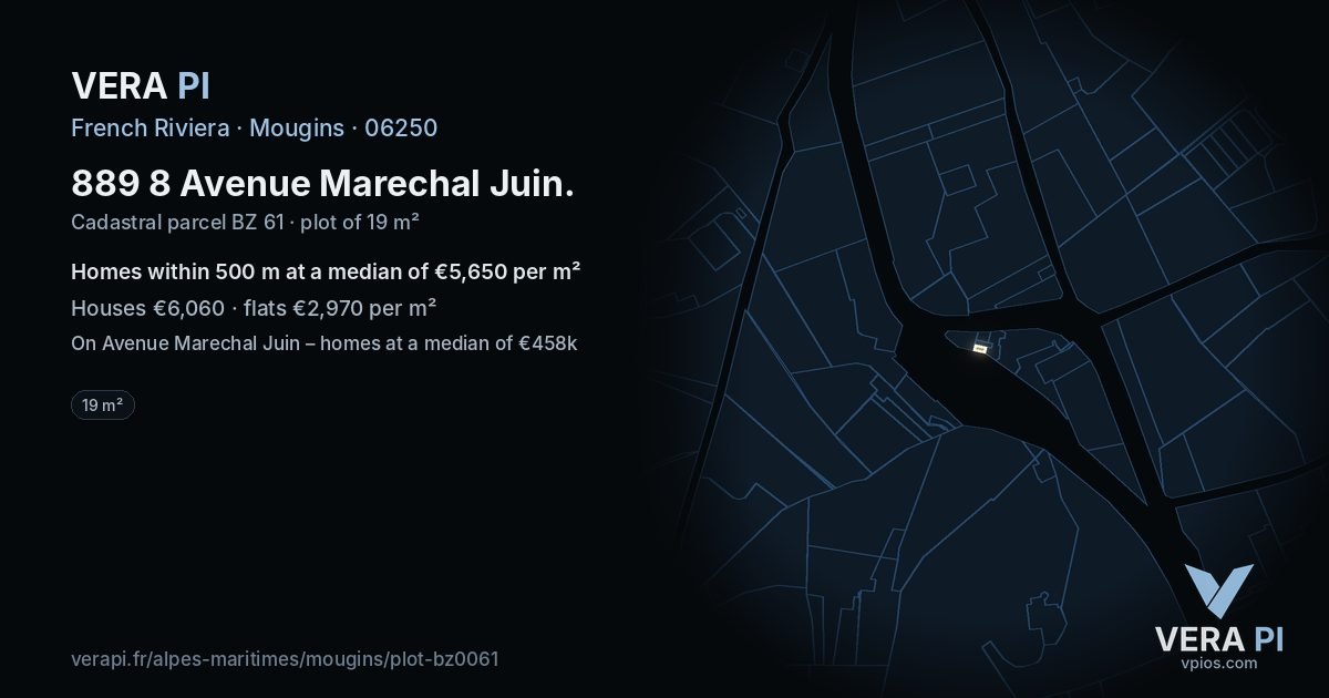 889 8 Avenue Marechal Juin, Mougins at night – the plot lit, the parcels around coloured by the prices near them