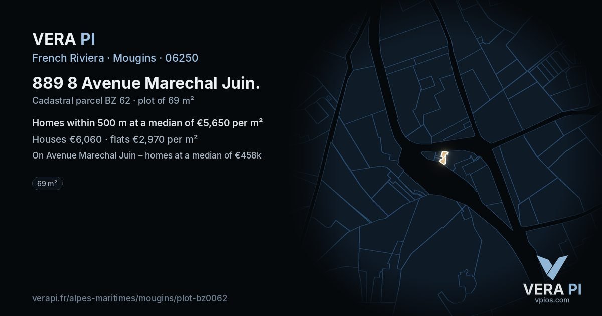 889 8 Avenue Marechal Juin, Mougins at night – the plot lit, the parcels around coloured by the prices near them