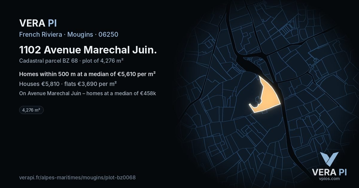 1102 Avenue Marechal Juin, Mougins at night – the plot lit, the parcels around coloured by the prices near them