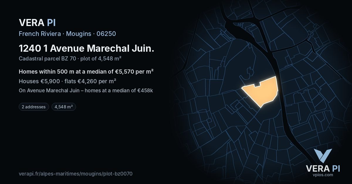 1240 1 Avenue Marechal Juin, Mougins at night – the plot lit, the parcels around coloured by the prices near them