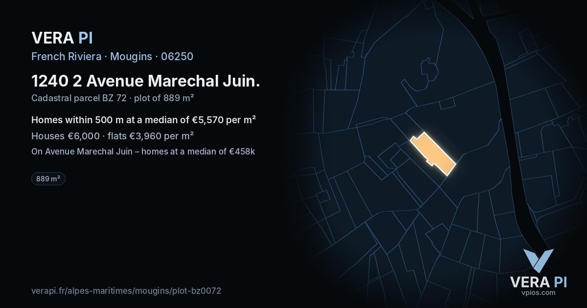 1240 2 Avenue Marechal Juin, Mougins at night – the plot lit, the parcels around coloured by the prices near them