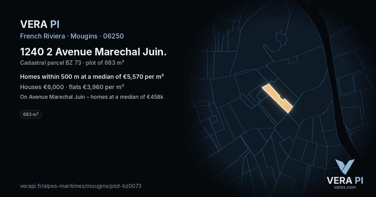 1240 2 Avenue Marechal Juin, Mougins at night – the plot lit, the parcels around coloured by the prices near them