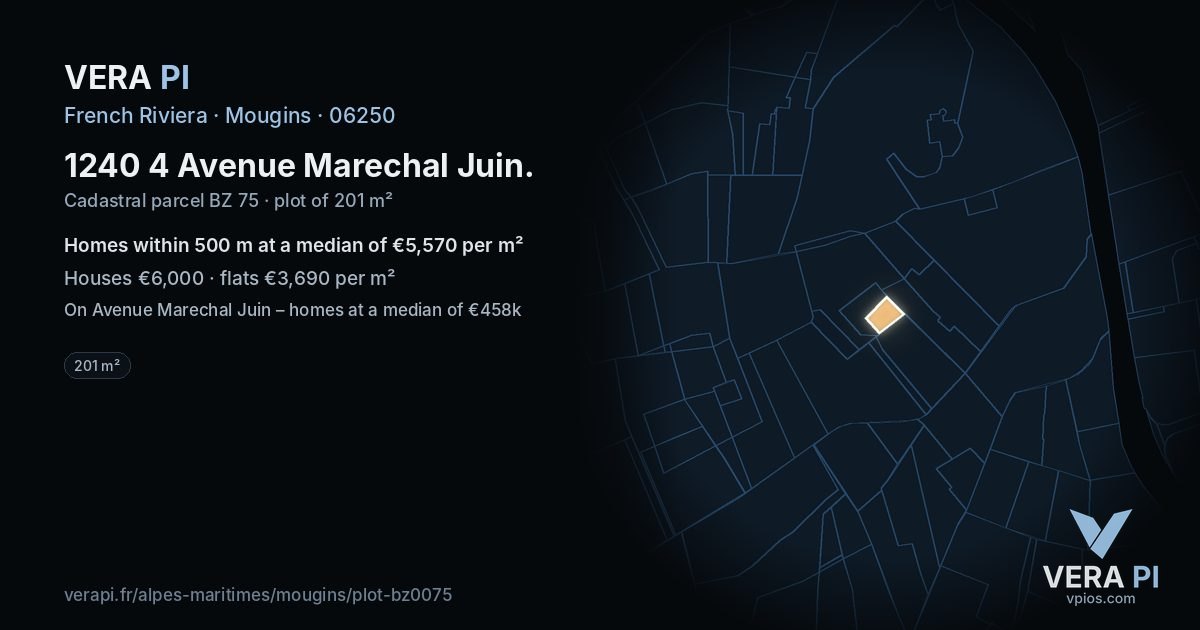 1240 4 Avenue Marechal Juin, Mougins at night – the plot lit, the parcels around coloured by the prices near them
