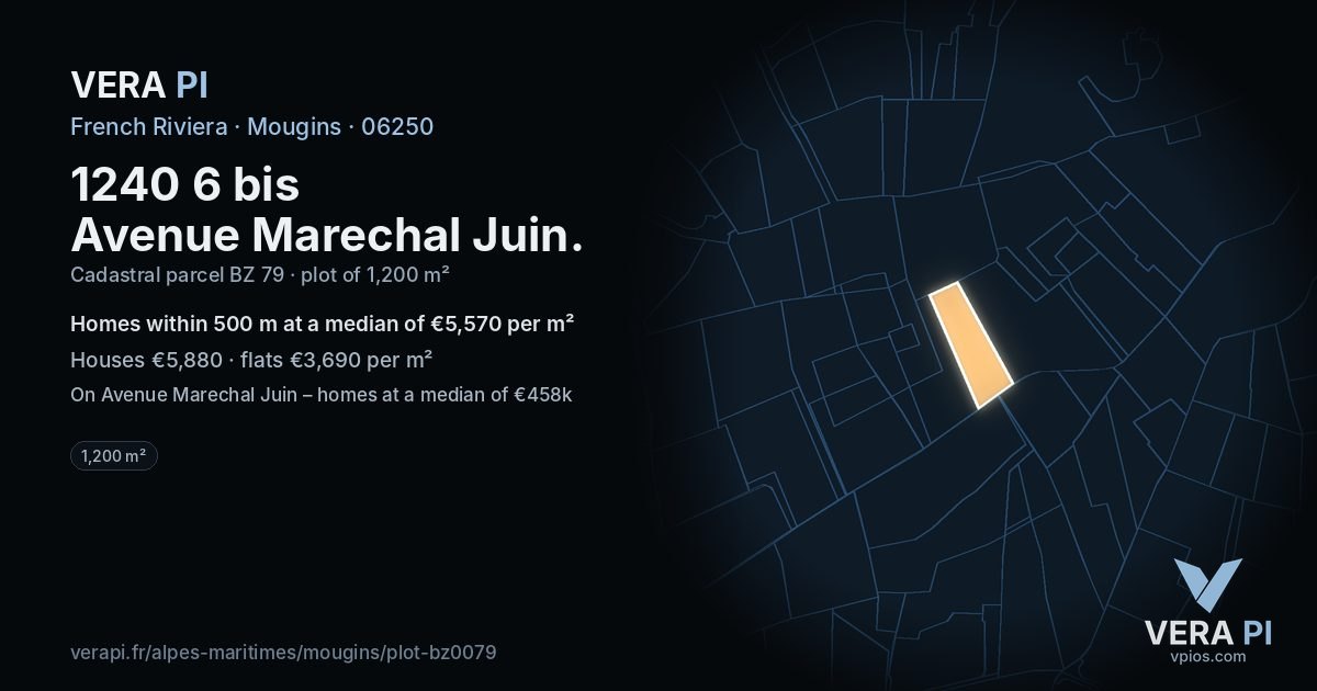 1240 6 bis Avenue Marechal Juin, Mougins at night – the plot lit, the parcels around coloured by the prices near them