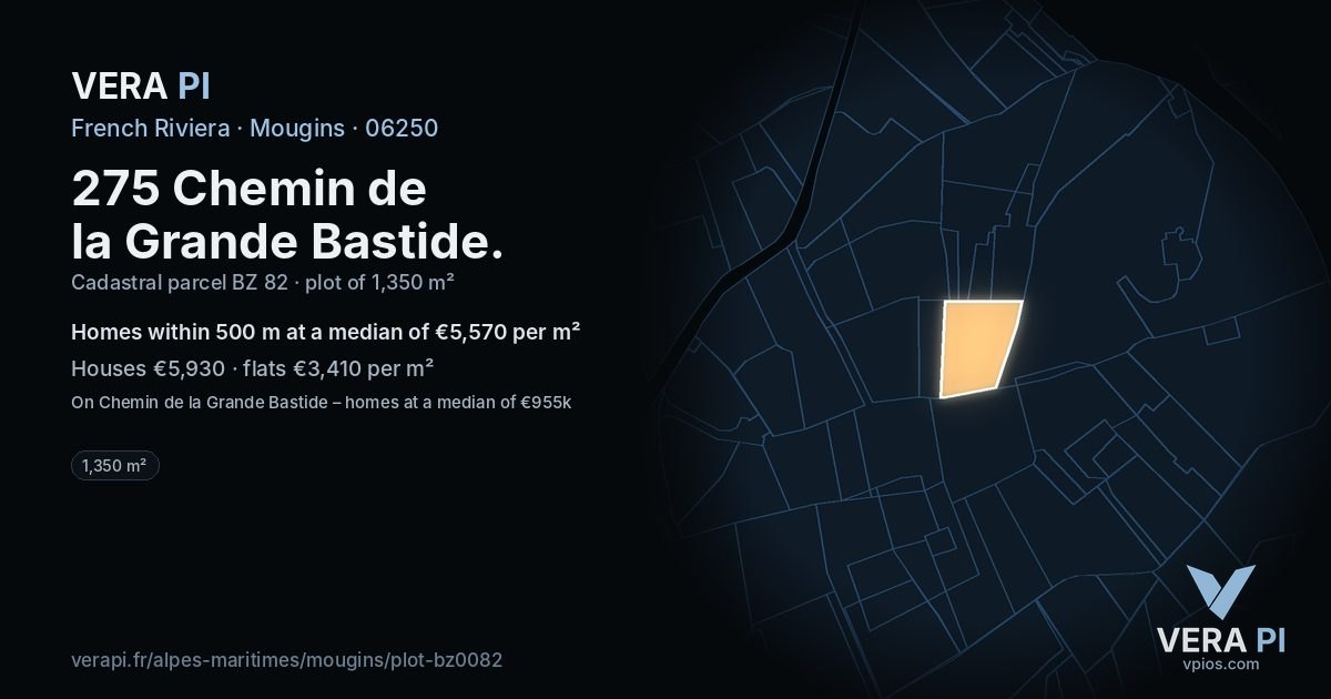275 Chemin de la Grande Bastide, Mougins at night – the plot lit, the parcels around coloured by the prices near them