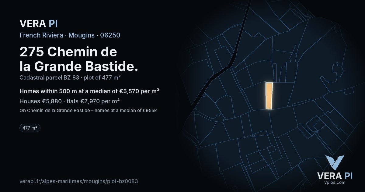 275 Chemin de la Grande Bastide, Mougins at night – the plot lit, the parcels around coloured by the prices near them