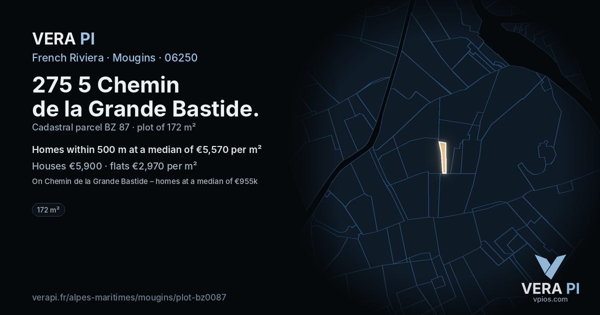 275 5 Chemin de la Grande Bastide, Mougins at night – the plot lit, the parcels around coloured by the prices near them