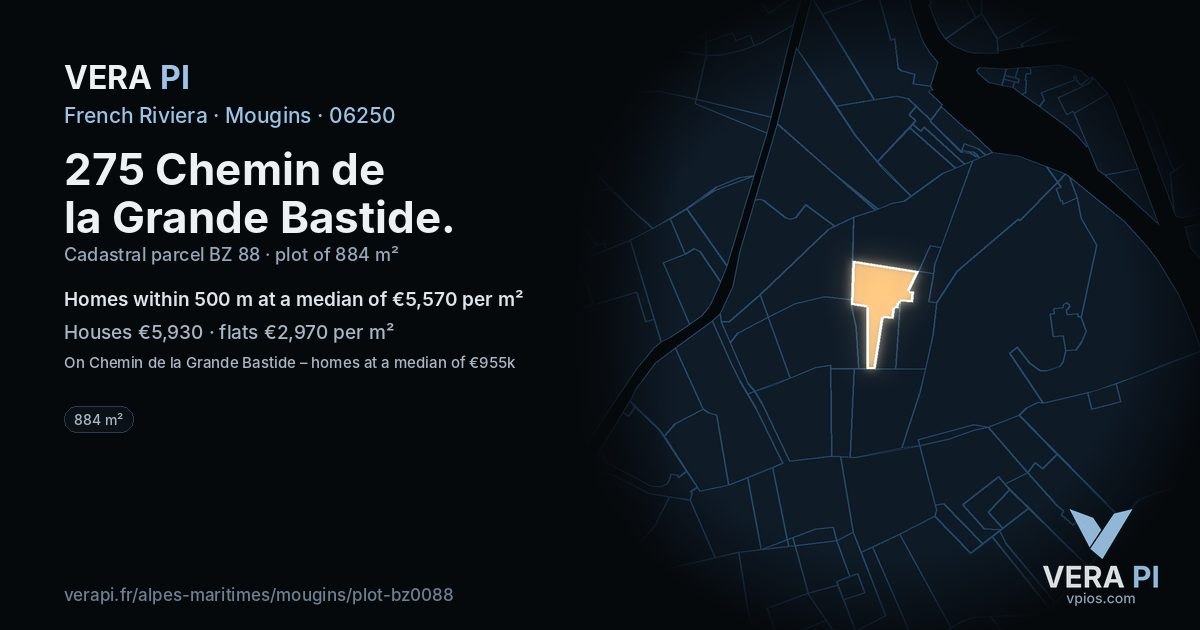 275 Chemin de la Grande Bastide, Mougins at night – the plot lit, the parcels around coloured by the prices near them