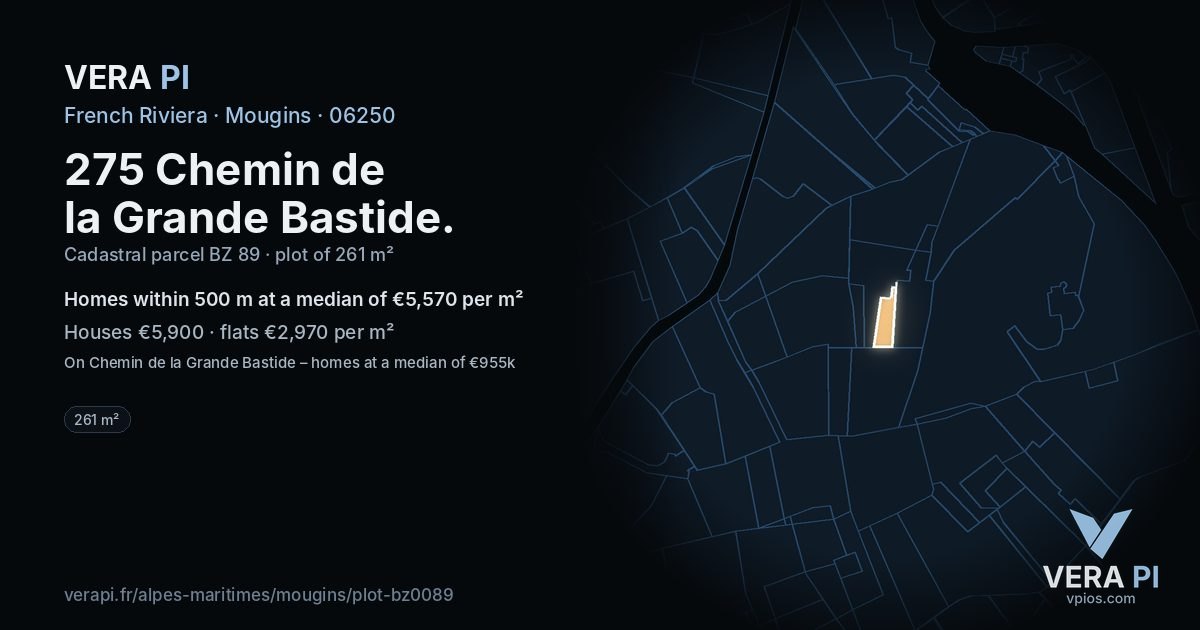275 Chemin de la Grande Bastide, Mougins at night – the plot lit, the parcels around coloured by the prices near them
