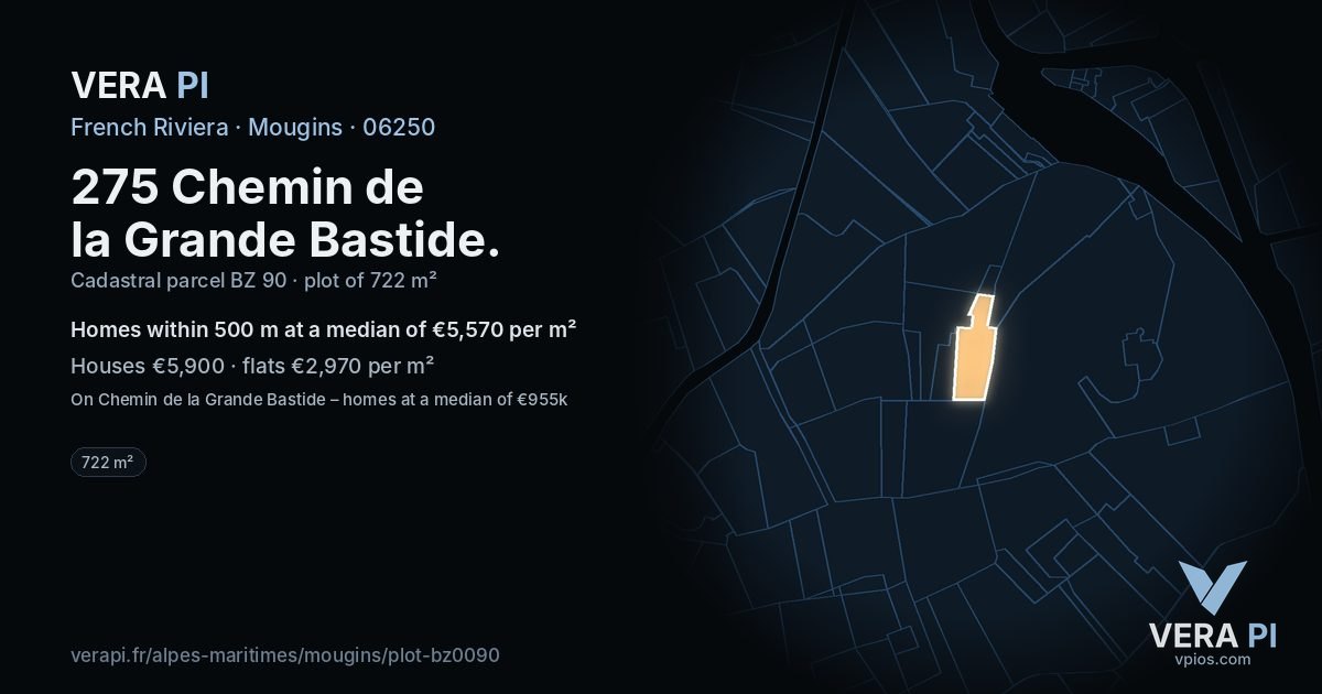 275 Chemin de la Grande Bastide, Mougins at night – the plot lit, the parcels around coloured by the prices near them