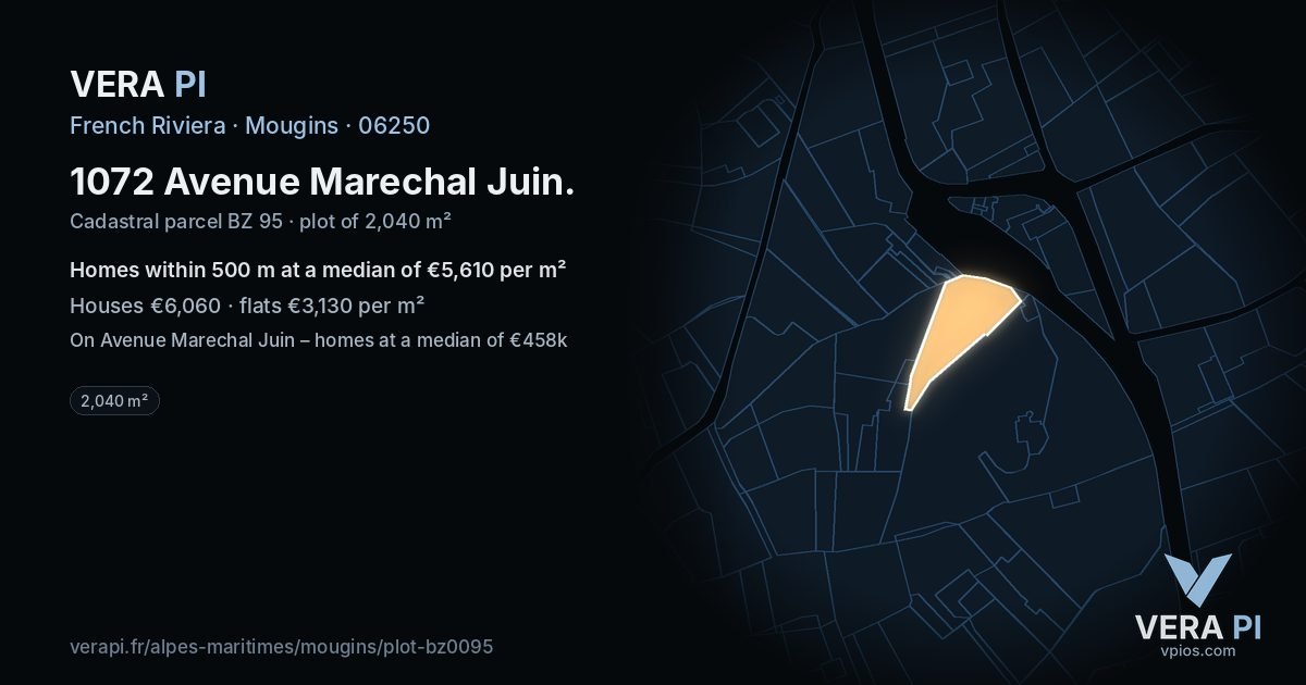 1072 Avenue Marechal Juin, Mougins at night – the plot lit, the parcels around coloured by the prices near them