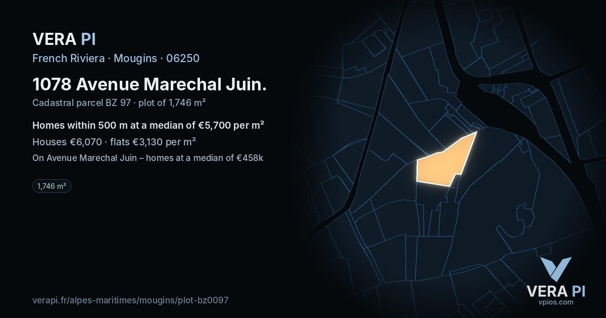 1078 Avenue Marechal Juin, Mougins at night – the plot lit, the parcels around coloured by the prices near them