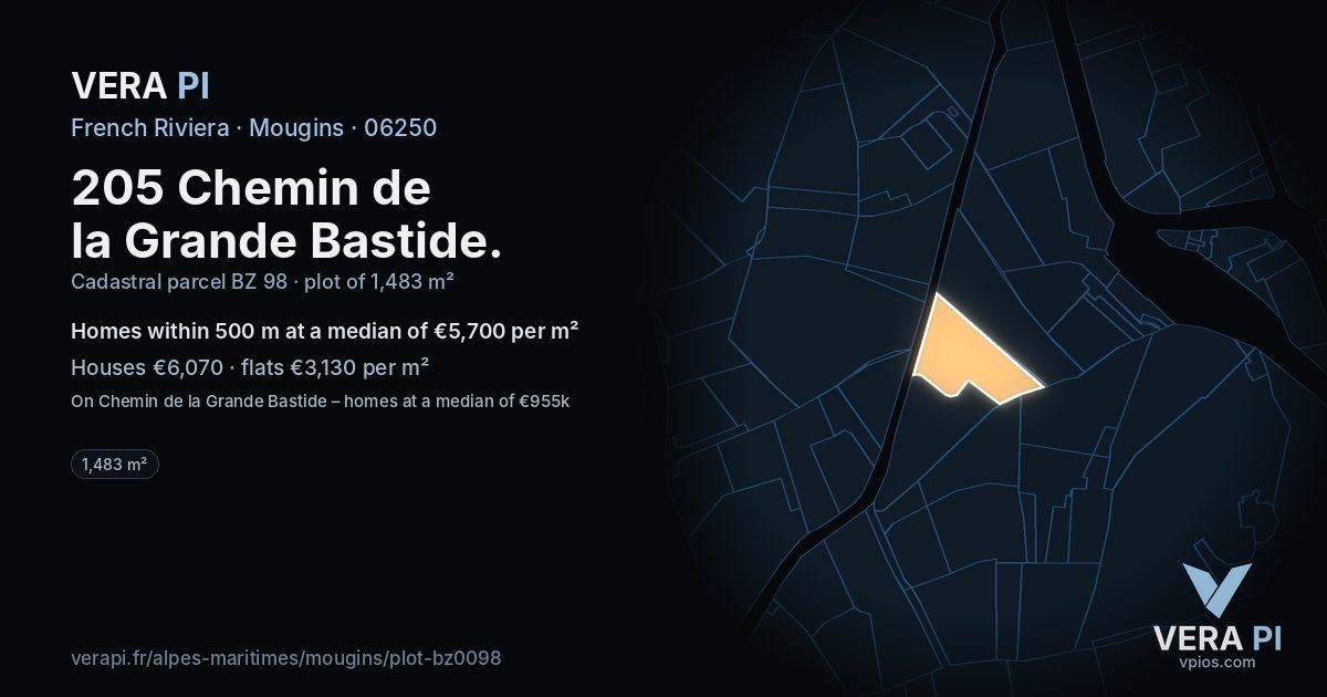 205 Chemin de la Grande Bastide, Mougins at night – the plot lit, the parcels around coloured by the prices near them