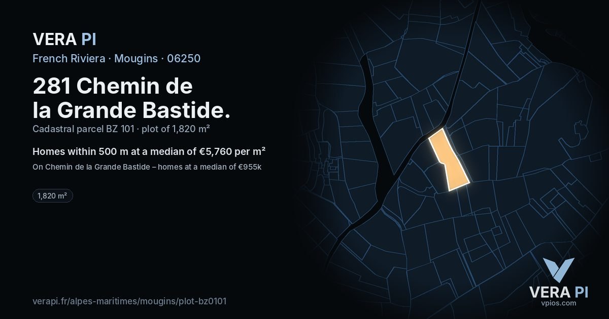 281 Chemin de la Grande Bastide, Mougins at night – the plot lit, the parcels around coloured by the prices near them