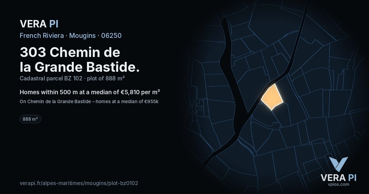 303 Chemin de la Grande Bastide, Mougins at night – the plot lit, the parcels around coloured by the prices near them