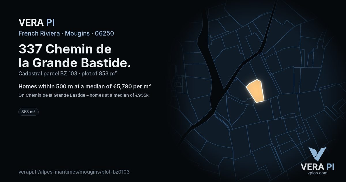 337 Chemin de la Grande Bastide, Mougins at night – the plot lit, the parcels around coloured by the prices near them