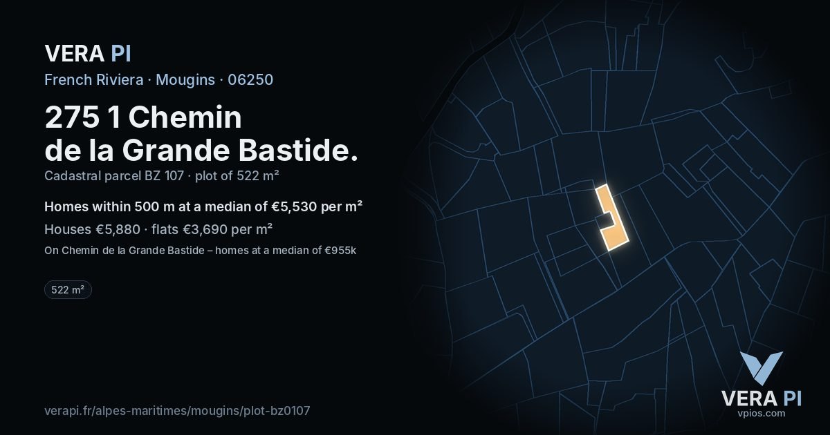 275 1 Chemin de la Grande Bastide, Mougins at night – the plot lit, the parcels around coloured by the prices near them