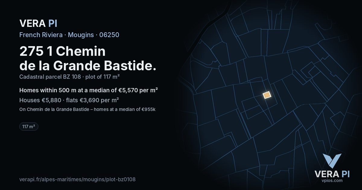275 1 Chemin de la Grande Bastide, Mougins at night – the plot lit, the parcels around coloured by the prices near them