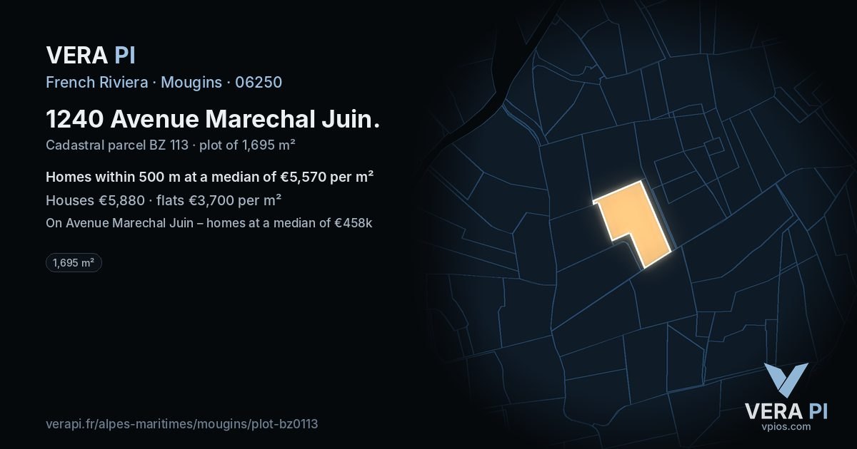 1240 Avenue Marechal Juin, Mougins at night – the plot lit, the parcels around coloured by the prices near them