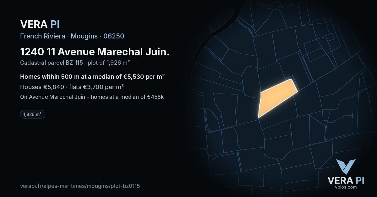 1240 11 Avenue Marechal Juin, Mougins at night – the plot lit, the parcels around coloured by the prices near them