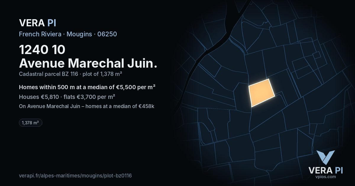 1240 10 Avenue Marechal Juin, Mougins at night – the plot lit, the parcels around coloured by the prices near them
