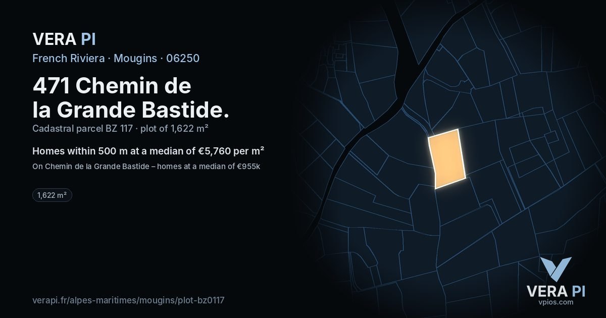 471 Chemin de la Grande Bastide, Mougins at night – the plot lit, the parcels around coloured by the prices near them