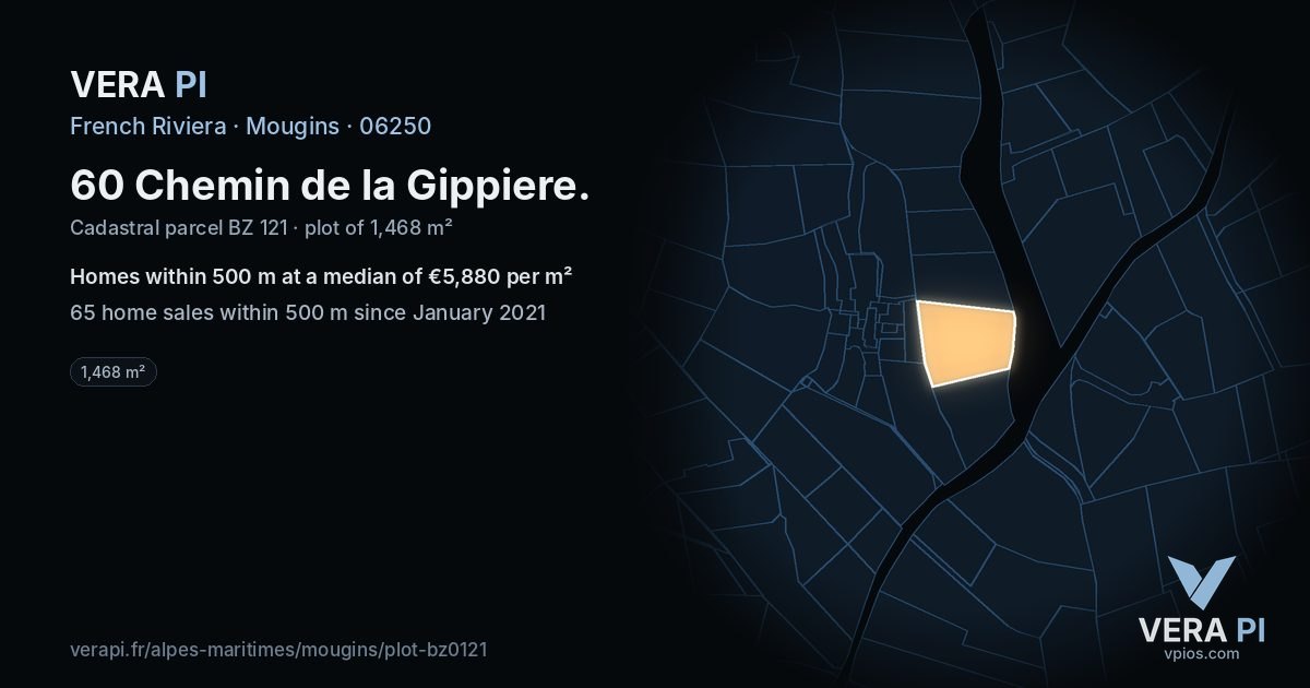 60 Chemin de la Gippiere, Mougins at night – the plot lit, the parcels around coloured by the prices near them