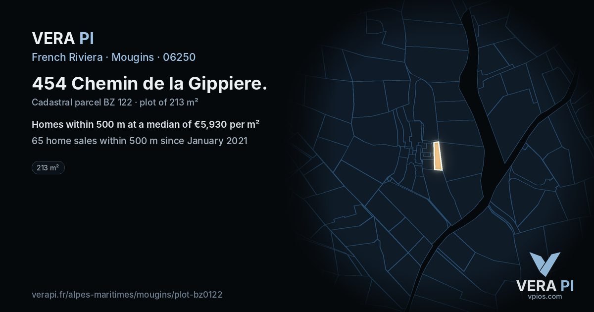 454 Chemin de la Gippiere, Mougins at night – the plot lit, the parcels around coloured by the prices near them