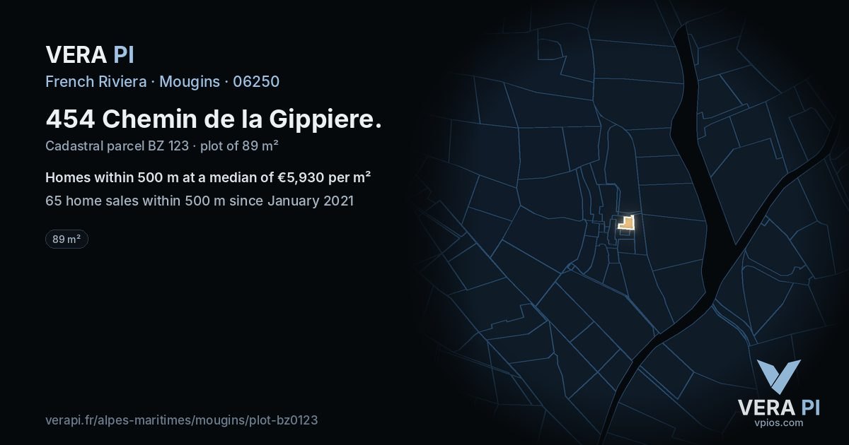 454 Chemin de la Gippiere, Mougins at night – the plot lit, the parcels around coloured by the prices near them