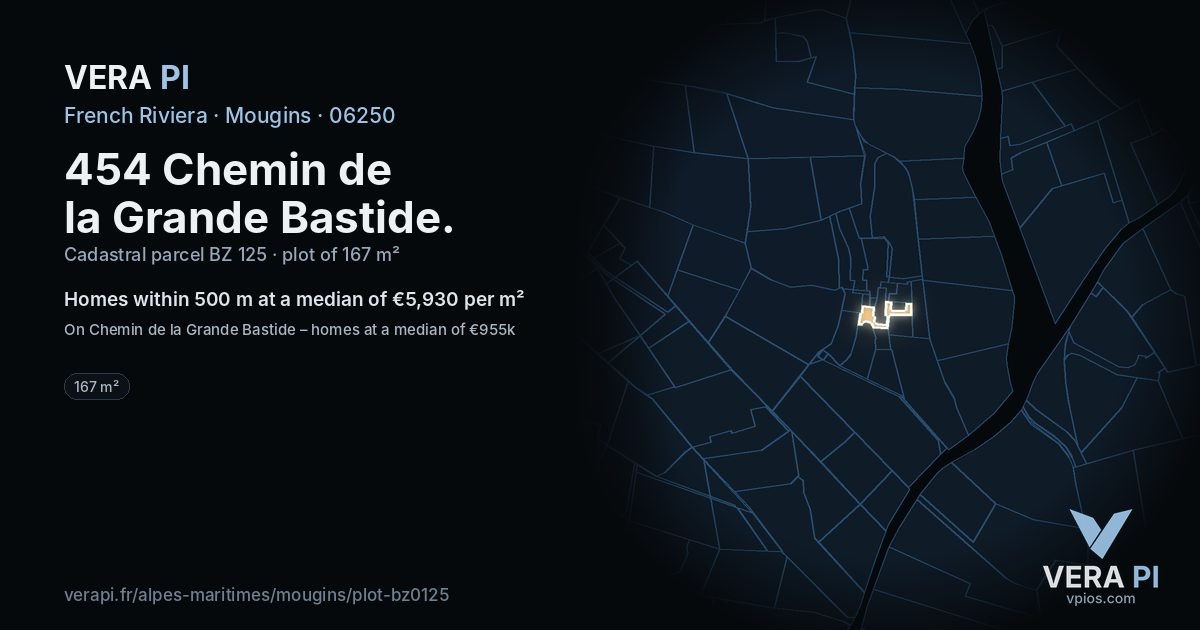 454 Chemin de la Grande Bastide, Mougins at night – the plot lit, the parcels around coloured by the prices near them
