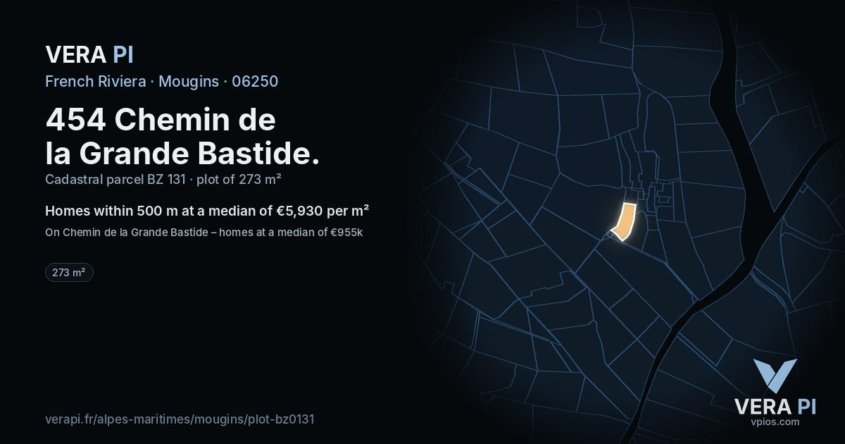 454 Chemin de la Grande Bastide, Mougins at night – the plot lit, the parcels around coloured by the prices near them