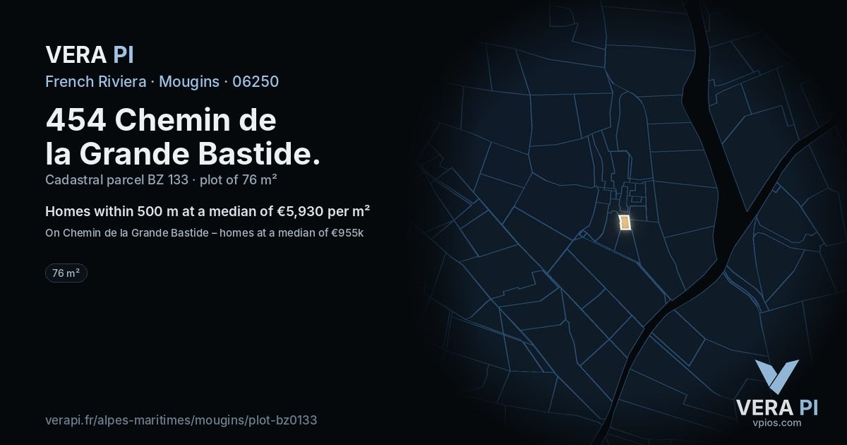 454 Chemin de la Grande Bastide, Mougins at night – the plot lit, the parcels around coloured by the prices near them