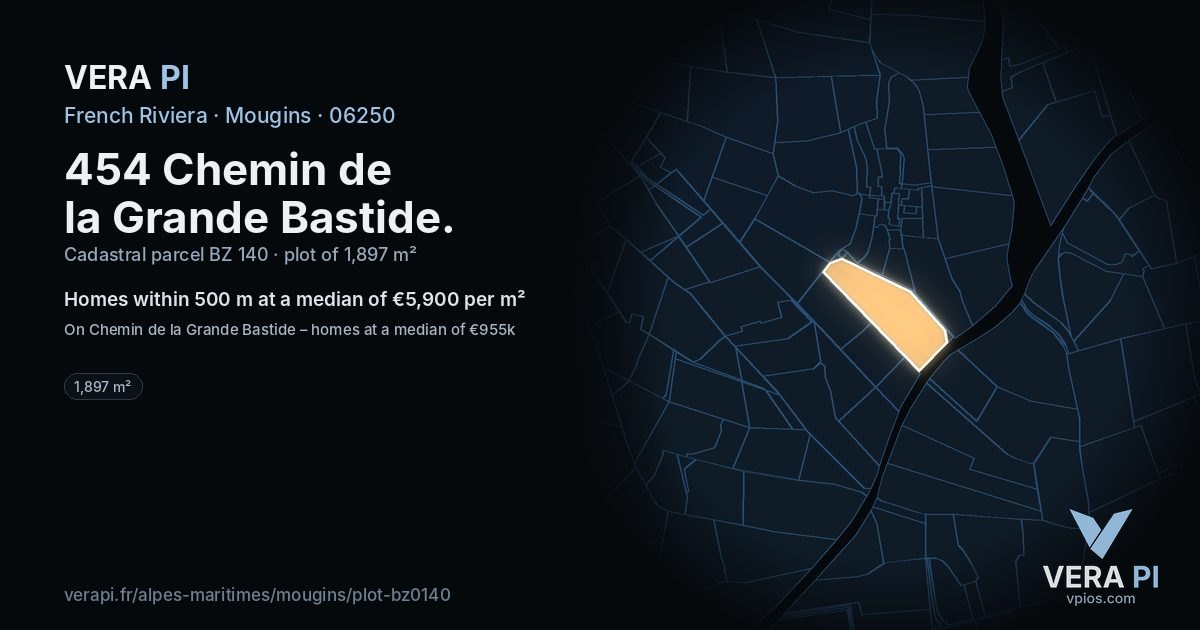 454 Chemin de la Grande Bastide, Mougins at night – the plot lit, the parcels around coloured by the prices near them