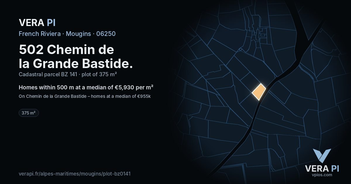 502 Chemin de la Grande Bastide, Mougins at night – the plot lit, the parcels around coloured by the prices near them