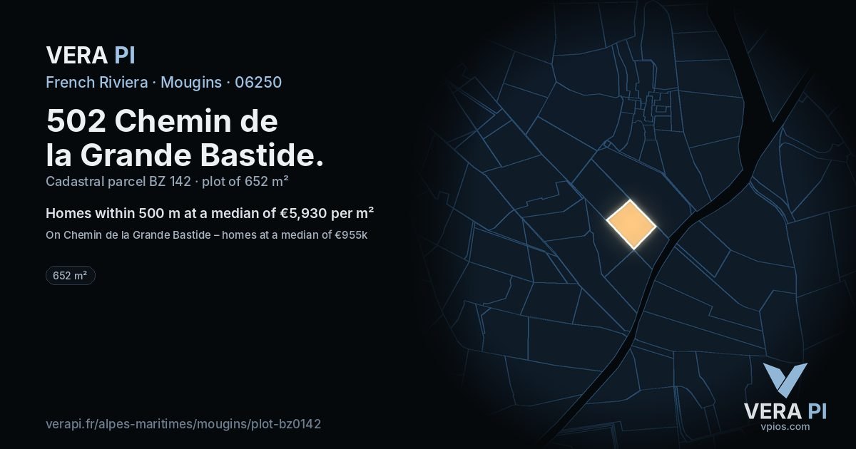502 Chemin de la Grande Bastide, Mougins at night – the plot lit, the parcels around coloured by the prices near them