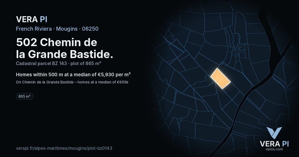 502 Chemin de la Grande Bastide, Mougins at night – the plot lit, the parcels around coloured by the prices near them