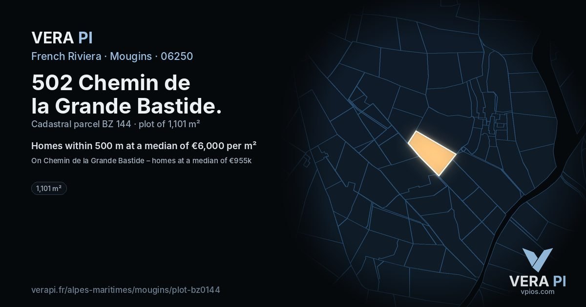 502 Chemin de la Grande Bastide, Mougins at night – the plot lit, the parcels around coloured by the prices near them
