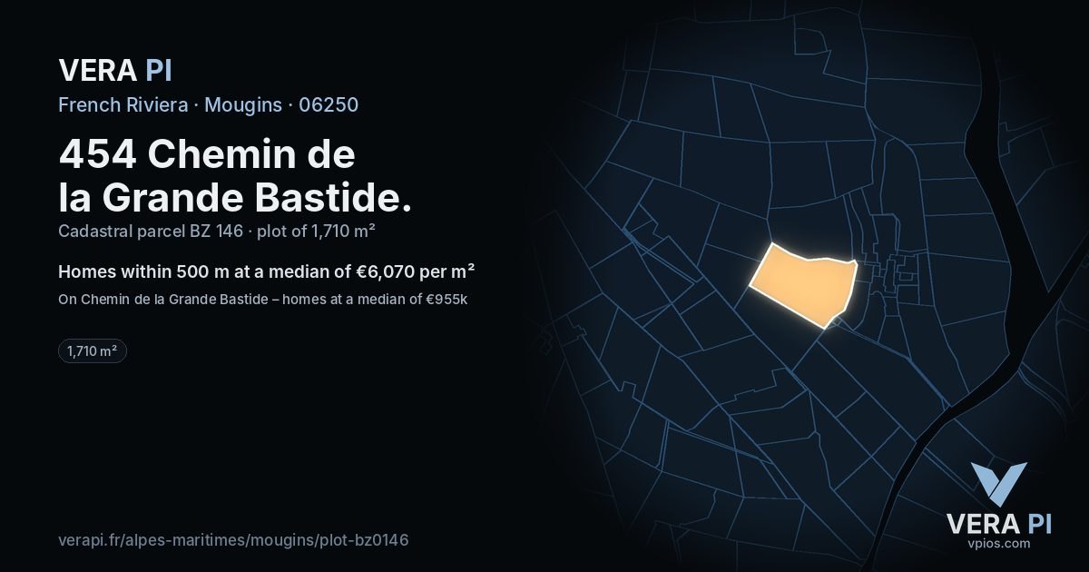 454 Chemin de la Grande Bastide, Mougins at night – the plot lit, the parcels around coloured by the prices near them