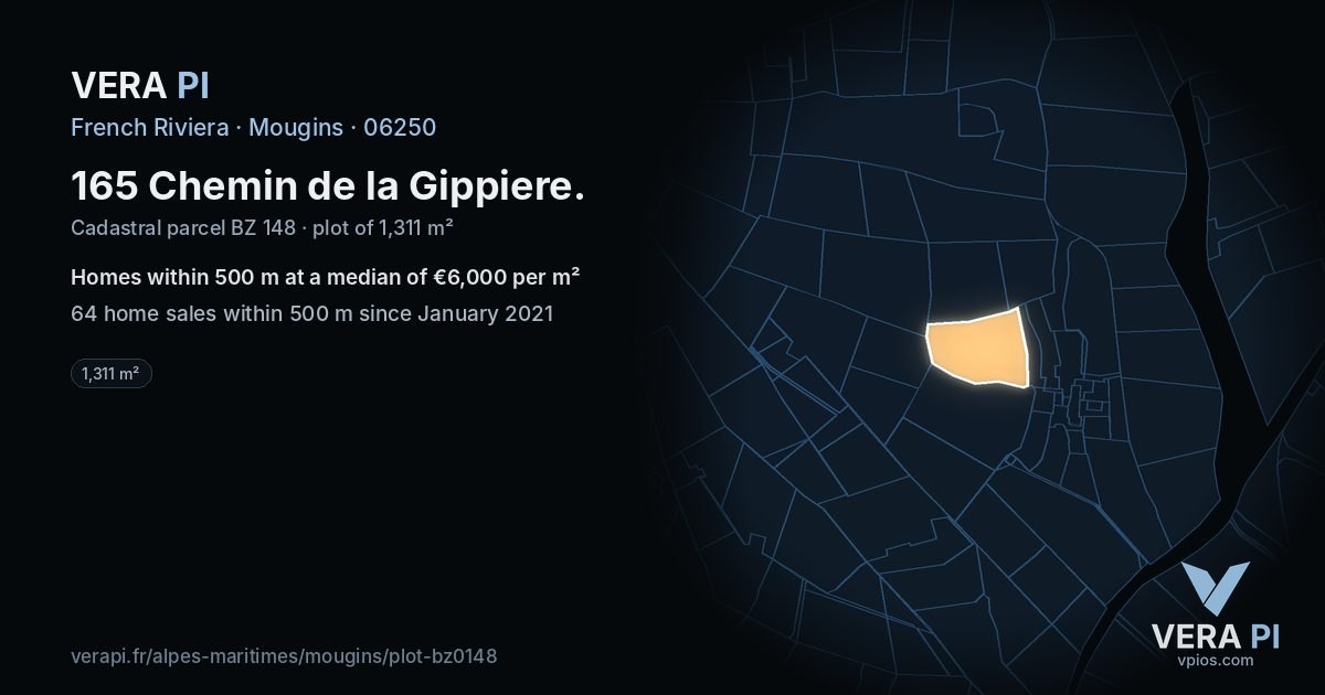 165 Chemin de la Gippiere, Mougins at night – the plot lit, the parcels around coloured by the prices near them