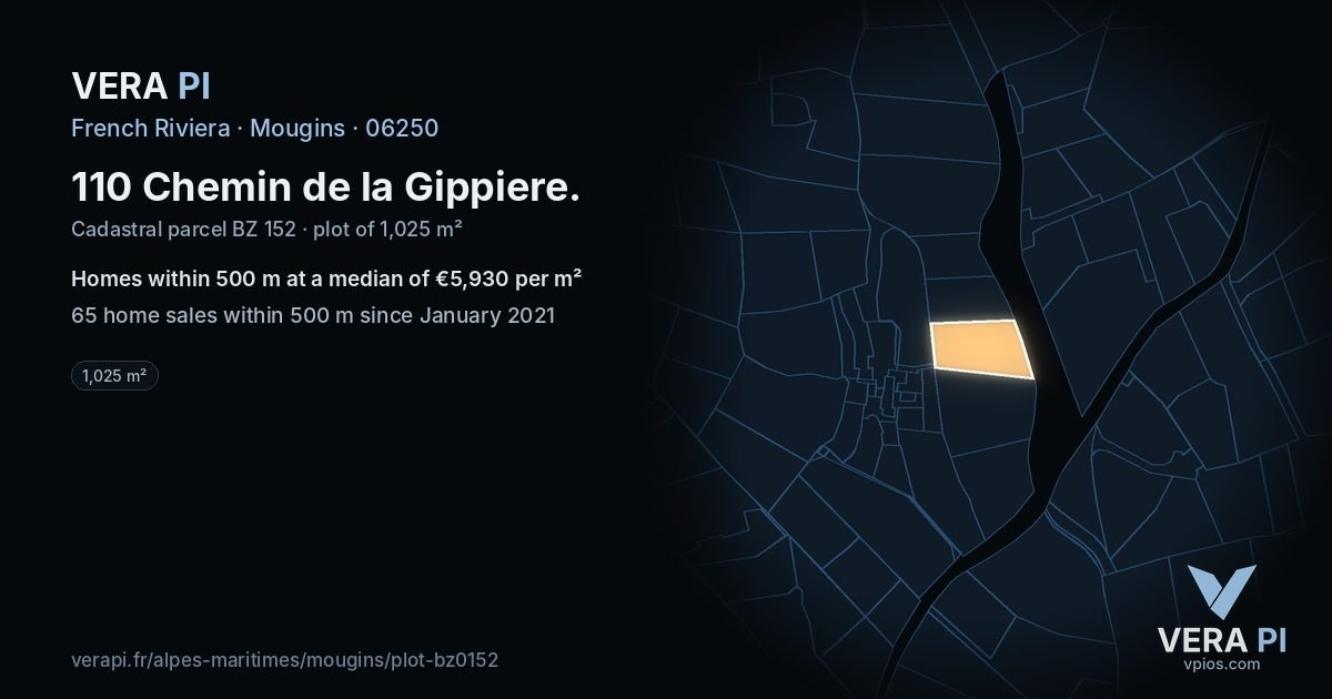 110 Chemin de la Gippiere, Mougins at night – the plot lit, the parcels around coloured by the prices near them