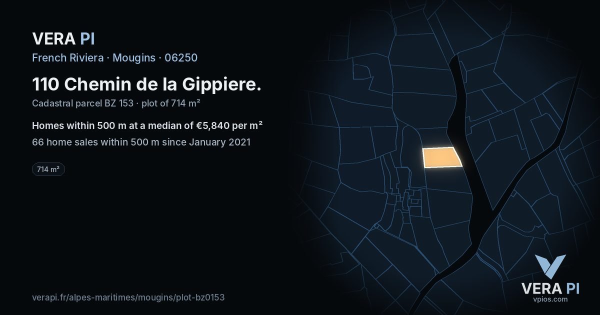 110 Chemin de la Gippiere, Mougins at night – the plot lit, the parcels around coloured by the prices near them