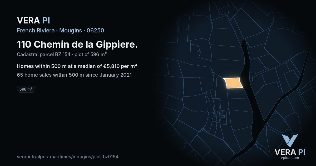 110 Chemin de la Gippiere, Mougins at night – the plot lit, the parcels around coloured by the prices near them